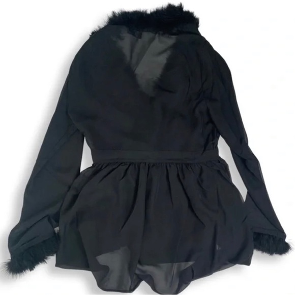 Black 24 Hrs Poly Chiffon Peignoir With Faux Marabou Trim - Picture 1 of 2